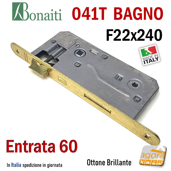 SERRATURA PORTA PATENT GRANDE BAGNO FRONTALE 22x240mm BONAITI 041T-60 OTTONE E60 I90