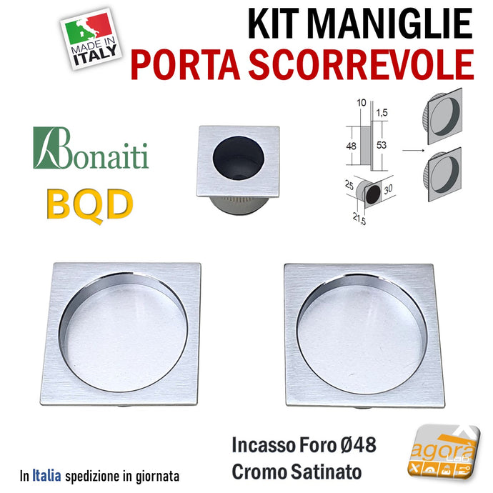 MANIGLIA PER PORTA SCORREVOLE BOCCHETTA SCRIGNO INCASSO FORO 48 QUADRATA 53x53 CROMO SAT BONAITI BQD KIT CIECA + DITALE