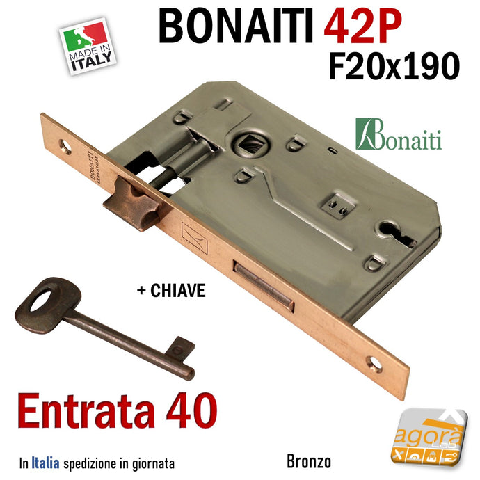 serratura patent piccola Bonaiti 42P 042BP frontale quadro 20x190mm bronzo entrata a 40 interasse 70