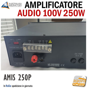 power amplifier audio 100v per rack australian monitor AMIS 250P nero 100V 70V 230V 110V 24V per impianti audio professionali per negozi e locali in genere vista dietro s