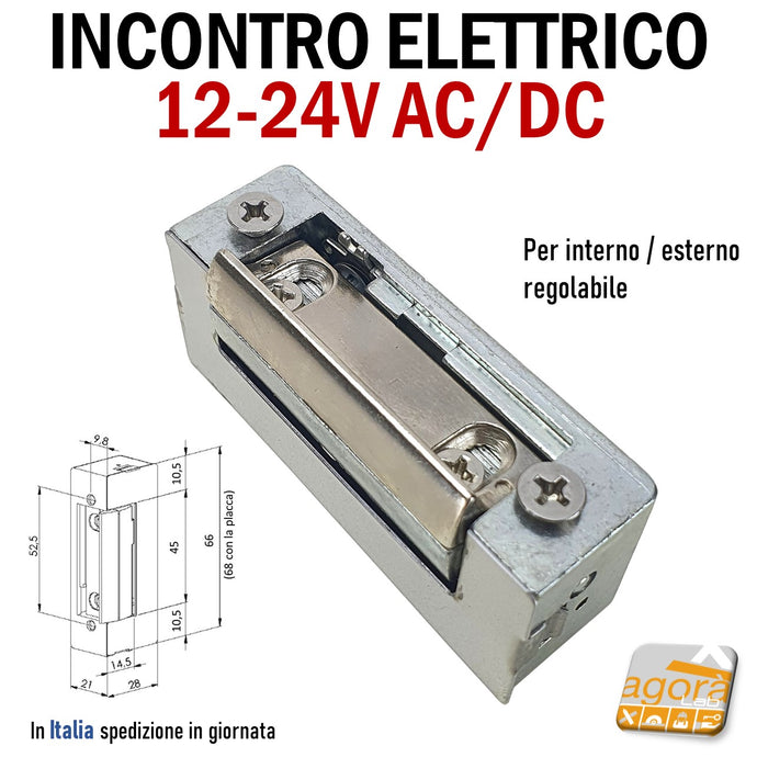 Riscontro ELETTRICO di sicurezza incontro da interno-esterno 10-24V AC/DC mm 68x21x28 Incontro elettrificato elettronico 70x21 compatto senza perno centrale