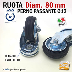 ruote per carrelli girevoli magazzino produzione italiana diametro 8cm d80mm freno totale nera