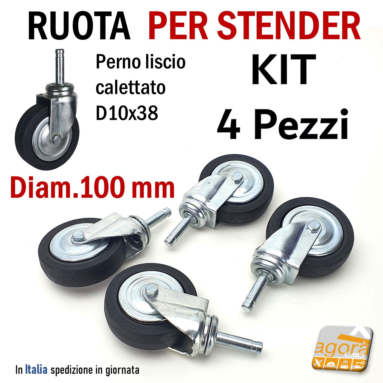 Set 4 Ruote Per Carrelli E Mobili | Diam. 76 Mm, 2 Con Freno E Girevoli, Portata 200 Kg | Nero - Foto 2