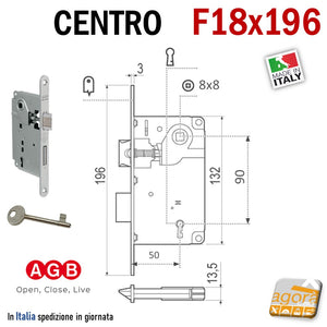 serratura porta interna agb centro patent piccola frontale 196x18mm chiave 11 argento meccanica catenaccio e scrocco tutta in metallo 0 001 9690