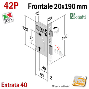 Ricambio serratura patent piccola Bonaiti 42P 042BP frontale quadro 20x190mm bronzo entrata a 40 interasse 70