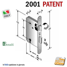 Load image into Gallery viewer, Serratura Bonaiti 2001 Frontale 18x190mm Patent Argento con chiave scheda disegno porta 240 cromo
