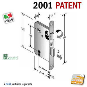 Serratura Bonaiti 2001 Frontale 18x190mm Patent Argento con chiave scheda disegno porta 240 cromo