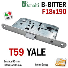 Carica l&#39;immagine nel visualizzatore di Gallery, Lock for reversible swing door Bonaiti B-Bitter T59 eurocylinder Yale cylinder Frontal F 18x190mm Chrome Matt Silver Entry 50mm E5cm Center distance 85mm ready for delivery
