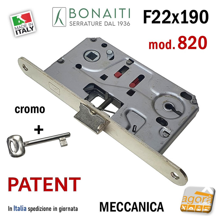 SERRATURA PORTA PATENT FRONTALE 22x190mm BONAITI 820 E50 I90 CROMO CHIAVE scrocco centrale in metallo