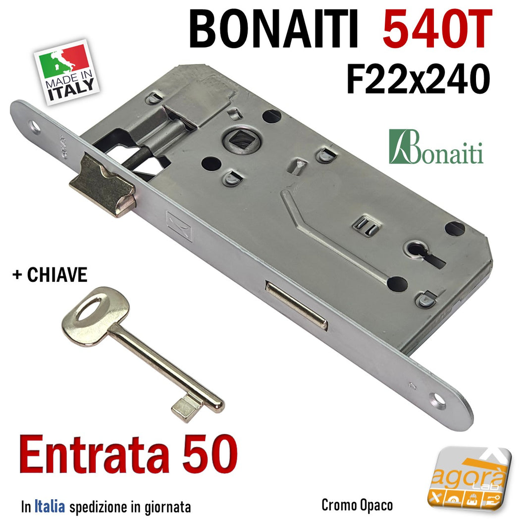 Ricambio serratura porta OKAY Bonaiti 540T Frontale 22x240mm Argento Cromo Opaco chiave patent Entrata 40mm I90 540BT E40