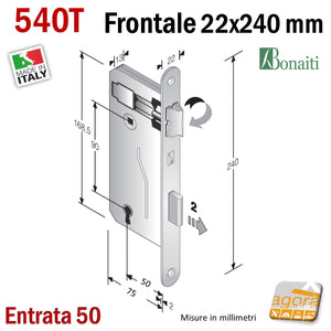 Ricambio serratura porta OKAY Bonaiti 540T Frontale 22x240mm Argento Cromo Opaco chiave patent Entrata 40mm I90 540BT E40 Disegno tecnico