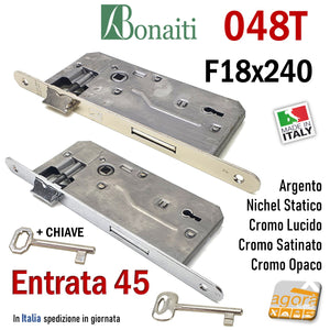 SERRATURA PORTA PATENT FRONTALE 18x240mm BONAITI 048T E45 I90 +CHIAVE CROMATA
