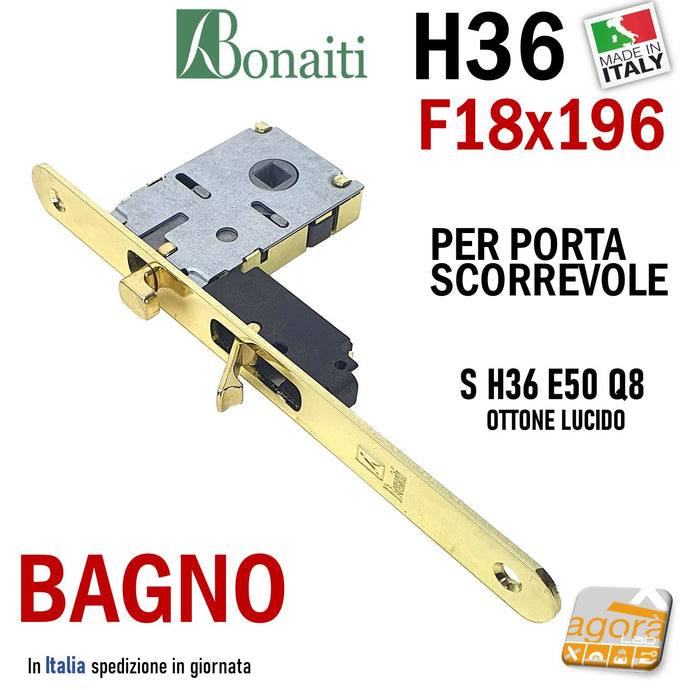 SERRATURA PORTA SCORREVOLE FRONTALE 18x196mm BONAITI H36+TIR X BAGNO WC MONETA LIBERO-OCCUPATO OTTONE Q8 E50 40H3605019