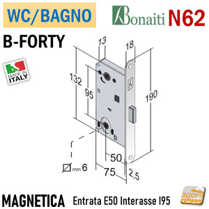 SERRATURA PORTA MAGNETICA B-FORTY BONAITI N62 WC BAGNO FRONTALE 18X190MM E50 I95 190x18 entrata 5cm interasse 95mm