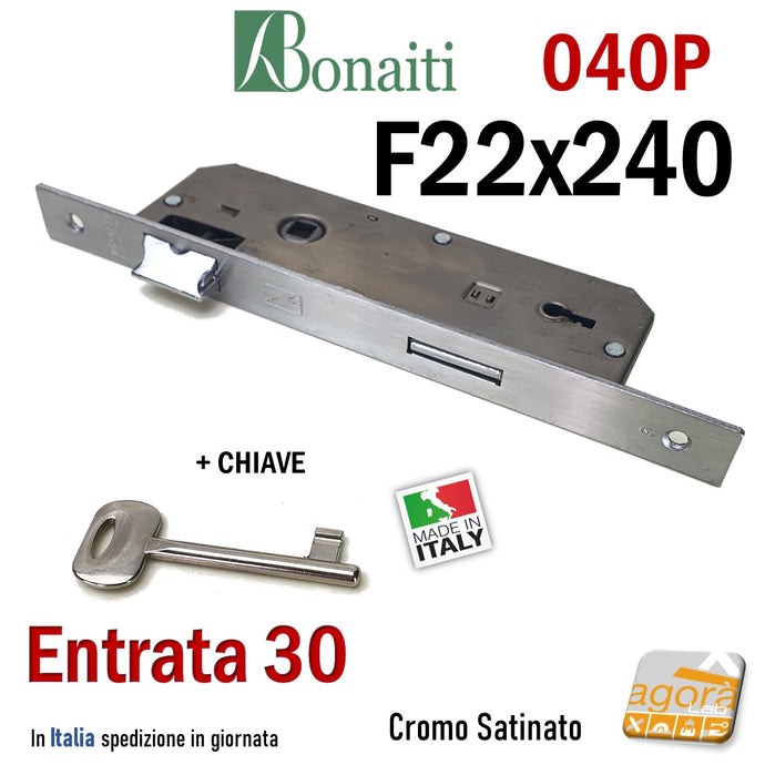 SERRATURA PORTA PATENT FRONTALE 22x240mm RETTANGOLARE BONAITI 040P E30 I90 CROMO SAT +CHIAVE