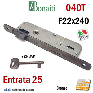 SERRATURA PORTA PATENT FRONTALE 22x240mm 40BT TONDO BONAITI 040T BRONZO E25 I90 con CHIAVE