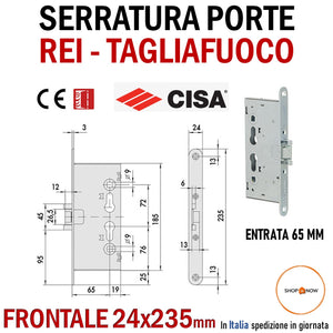 SERRATURA PORTA REI TAGLIAFUOCO YALE FRONTALE 24x235mm E65 I72 CISA 43020-65 entrata 65mm interasse 72mm Originali CISA