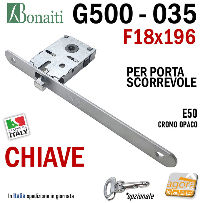 Serratura per porta scorrevole scrigno bonaiti chiave a spillo frontale f 18x196mm a gancio G500 035 cromo opaco entrata 50mm