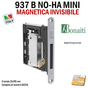 SERRATURA PORTA MAGNETICA B NO-HA MINI BONAITI 937 INVISIBILE PRIVACY Q6 FRONTALE 22X190MM E28 CROMO SATINATO +GACCIA