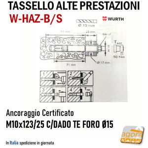TASSELLO ANCORANTE ALTE PRESTAZIONI ACCIAIO W-HAZ-B M10x123/25 DADO TE FORO Ø15 WURTH