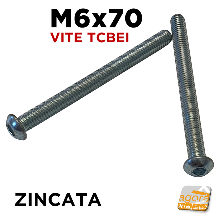 5pz VITI VITE TCBEI M6x70 ZINCATO BIANCO TESTA BOMBATA ESAGONALE FILETTO METRICO