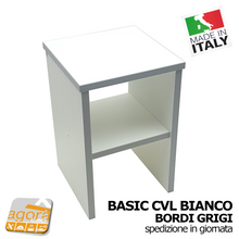 Load image into Gallery viewer, Comodino Tavolino Panchetta Servetto Pianetto con vano a giorno BASIC Bianco Bordi Grigi
