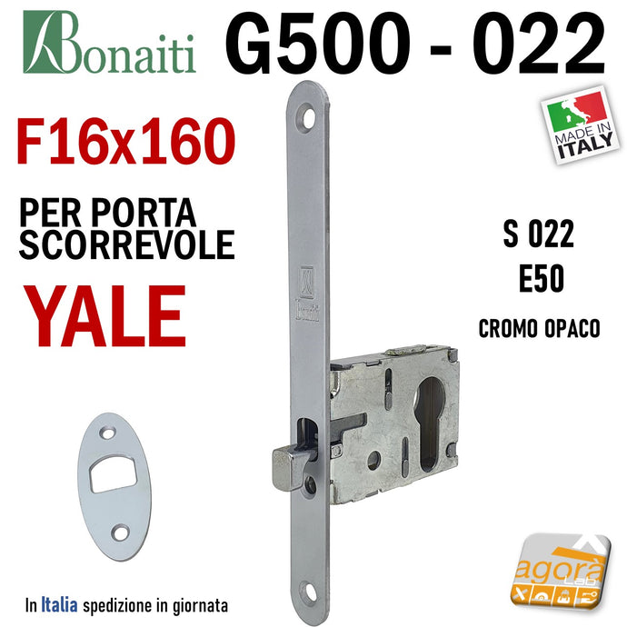 SERRATURA A GANCIO PORTA SCORREVOLE FRONTALE 16x160mm BONAITI 022 G500 X CILINDRO YALE CROMO OPACO E50