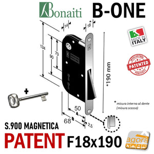 SERRATURA PORTA INTERNA MAGNETICA B-ONE BONAITI S900 FRONTALE 18X190MM E50 INTERASSE 70MM E 90MM CHIAVE NORMALE X CASA RICAMBIO