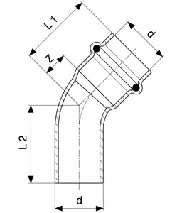 Raccordo Idraulico a pressare pinzare VIEGA PRESTABO Press-Fitting Acciaio O-Ring Curva 45 gradi MF Maschio Femmina Rosso Mod 1126.1 schema