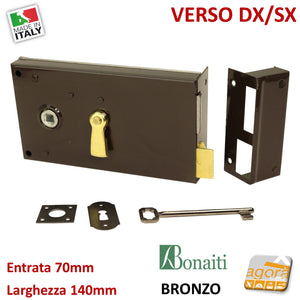verso dx-sx bonaiti serratura made in italy door lock finitura bronzata con contropiastra chiave e catenaccio bonaiti E70mm L140mmm 